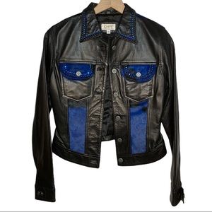 Kippys Black Western Leather Jacket with Blue Calf Hair and Rhinestones Small